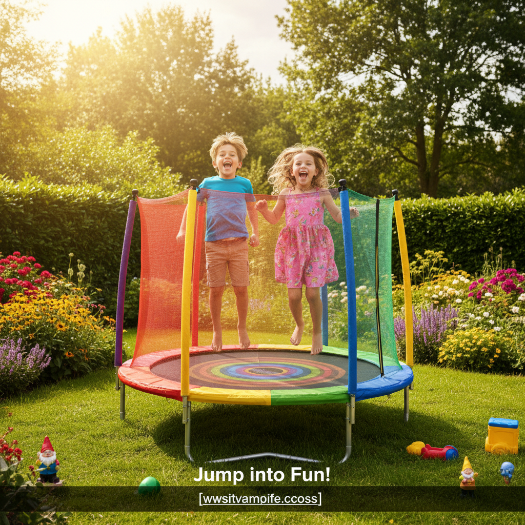 Niños saltando felices en trampolín con malla de seguridad en jardín soleado