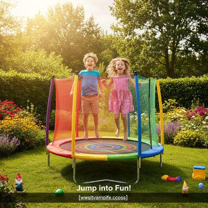 Niños saltando felices en trampolín con malla de seguridad en jardín soleado