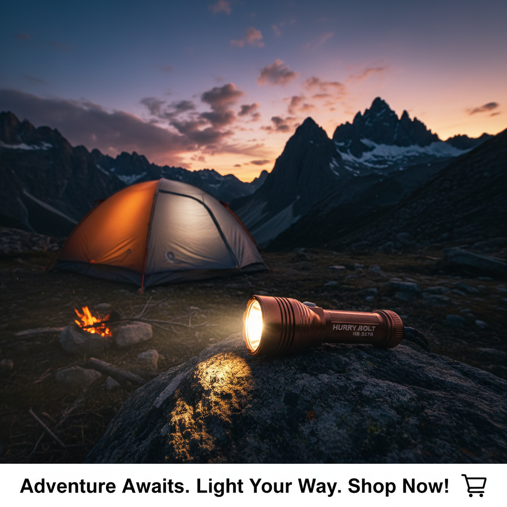 Linterna solar Hurry.bolt iluminando escena de camping en montaña al atardecer